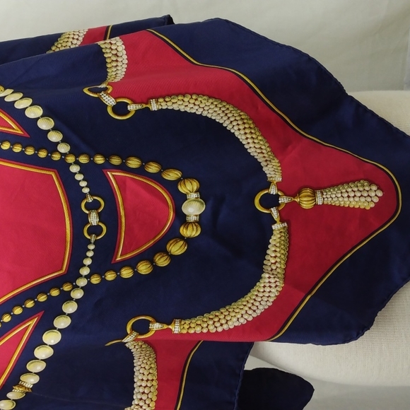 Vintage Authentic Must De Cartier Dark Blue  and Red Silk Square Scarf - Picture 5 of 9